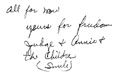 signature from a
	letter, reading, 'all for now / yours for
	freedom / Judge + Annie + / the children / (smile)' 