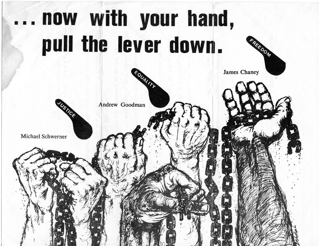 Flyer, Mississippi Freedom Democratic Party, Jackson, Mississippi --  chained hands with voting levers