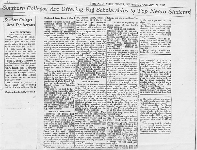 Article, Southern Colleges Are Offering big Scholarships to top Negro students by Gene Roberts, New York Times, 29 January 1967