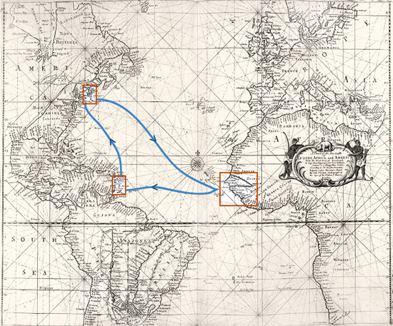 Map tracing a route from Rhode Island to the Guinea Coast of Africa, then to the West Indies, and then returning to Rhode Island.
